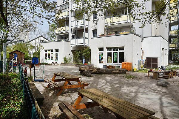 Kita Ellmendinger Straße Gebäudeansicht Kita Ellmendinger Straße mit Spielplatz im Vordergrund