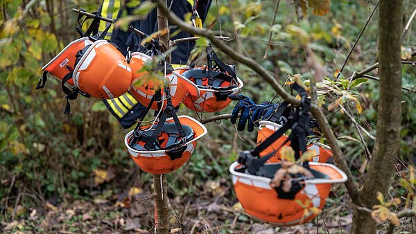 Baumpflanzaktion Feuerwehrschutzhelme hängen an Ast eines Baumes