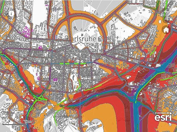 Die Grafik zeigt einen Ausschnitt der Lärmkarte Straßenverkehr am Tag in Karlsruhe.
