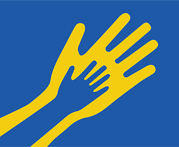 Hände Die Grafik steht symbolisch für die Ukrainehilfe. Sie zeigt eine gelbe Hand vor blauem Hintergrund.