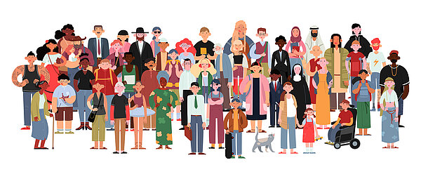 Illustration einer Gruppe von gesellschaftlich vielfältigen, multikulturellen und multirassischen Menschen. Glückliche alte und junge Frauen und Männer mit Kindern, sowie Menschen mit Behinderungen stehen zusammen.