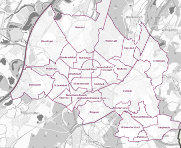Karlsruher Stadtteile Stadtplanabbildung der Karlsruher Stadtteile.