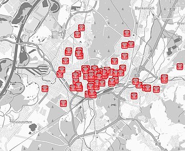 Mobilfunkkataster Die Grafik zeigt einen Kartenausschnitt zu WLAN- beziehungsweise Mobilfunkstandorten in Karlsruhe.