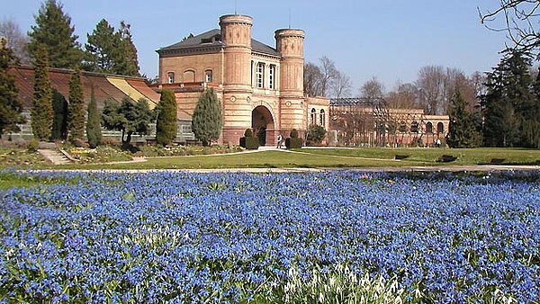 Botanischer Garten Das Bild zeigt den Torbogenbau des Botanischen Gartens hinter einer Frühlingswiese.