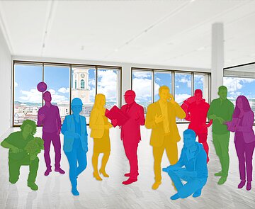 Wir als Arbeitgeberin Farbige Silhouetten in einem Raum
