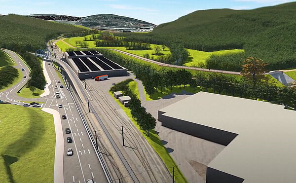 Visualisierung des geplanten Hochwasserrückhaltebeckens an der Alb mit einer begrünten Steilwand. Visualisierung des geplanten Hochwasserrückhaltebeckens an der Alb mit einer begrünten Steilwand.