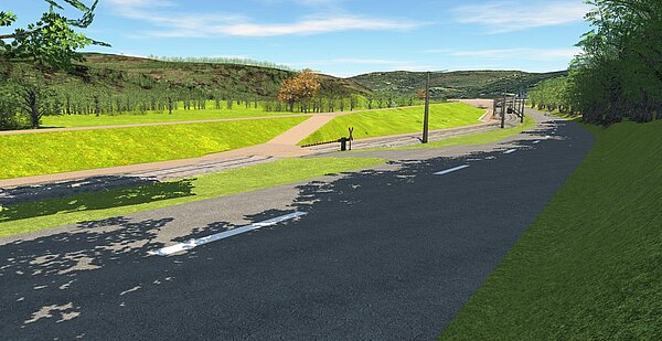Visualisierung des geplanten Hochwasserrueckhaltebecken an der Alb, Südansicht von der L564. Visualisierung des geplanten Hochwasserrueckhaltebecken an der Alb, Südansicht von der L564.