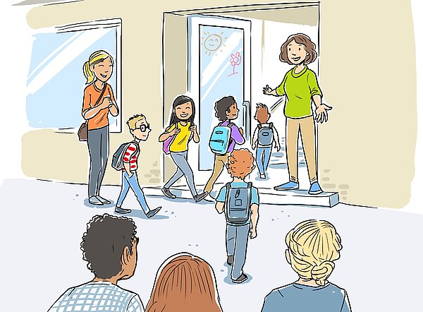 Grundschule Zeichnung von Schulkinden, die am Eingang der Schule von ihrer Lehrerin erwartet werden.(Zeichnung)