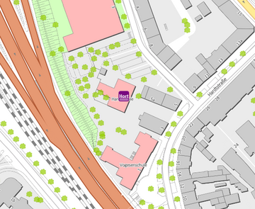 Platzhalter Hort Hardtschule Stadtteilplan Mühlburg mit Markierung Schülerhort
