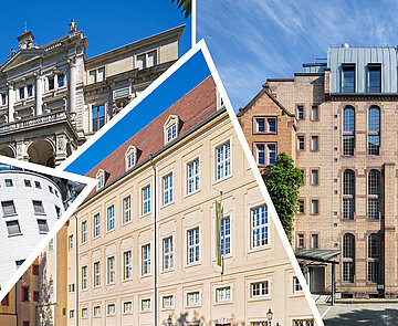 Stadtgeschichte Fotomontage der Häuser Stadtarchiv, Stadtmuseum, Pfinzgaumuseum und Erinnerungsstätte Ständehaus