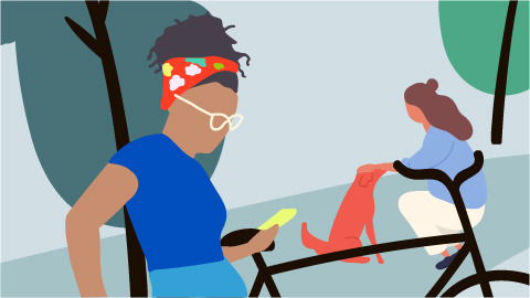 Illustration - Frau nutzt Karlsruhe.App für vielfältige Themen