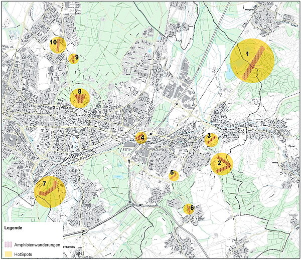 Karte mit den Amphibienwanderstrecken in Karlsruhe