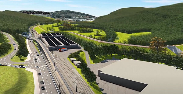 Visualisierung des geplanten Hochwasserrückhaltebeckens an der Alb mit einer begrünten Steilwand.