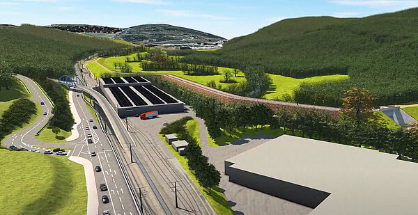 Visualisierung des geplanten Hochwasserrückhaltebeckens an der Alb mit einer Sandsteinverblendung.