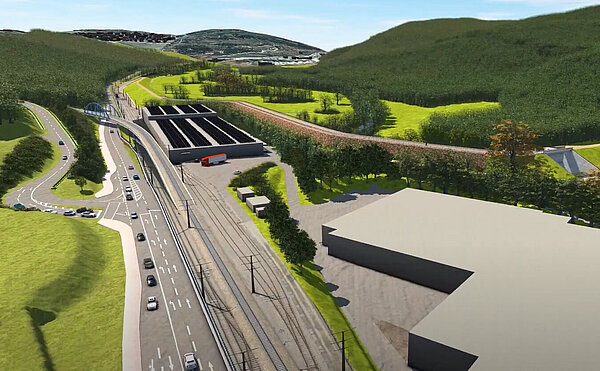 Visualisierung des geplanten Hochwasserrückhaltebeckens an der Alb mit einer Sandsteinverblendung.