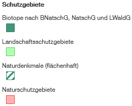 Die Abbildung zeigt eine Legende zu den Naturschutzgebieten Biotope, Landschaftsschutzgebiete, Naturdenkmale und Naturschutzgebiete, die in der interaktiven Karte Schutzgebiete hinterlegt sind.
