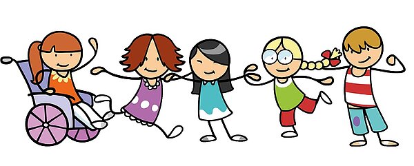 fünf Kinder, gezeichnet, eines im Rollstuhl, eines mit Brille, stehen nebeneinander