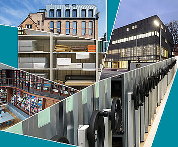 Kollage mit Bildern von Archiven in Karlruhe