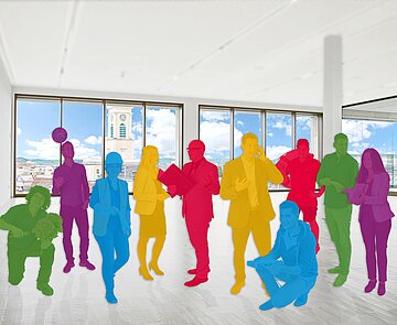 Farbige Silhouetten in einem Raum