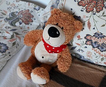 Ein Stofftier auf einem Sofa mit gestreifter Decke und Blumenornamenten.