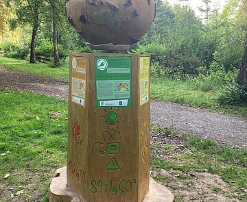 Das Bild zeigt ein Kunstwerk aus Holz mit dem Titel "Klimastamm".