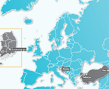 Kartenansicht mit Projektpartnerschaftsstädten.