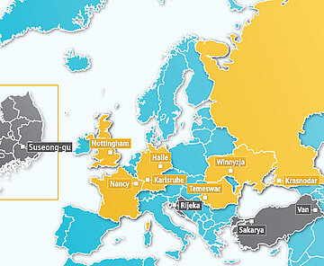 Karte der Städte- und Projektpartnerschaften von Karlsruhe
