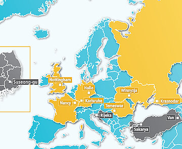 Karte der Städte- und Projektpartnerschaften von Karlsruhe