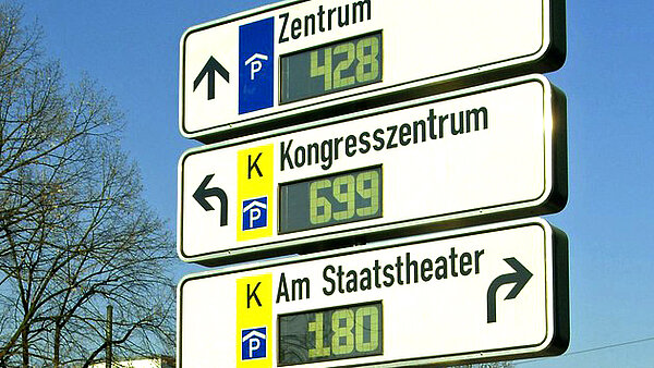 Das Foto zeigt Schilder, exemplarisch für das Parkleitsystem