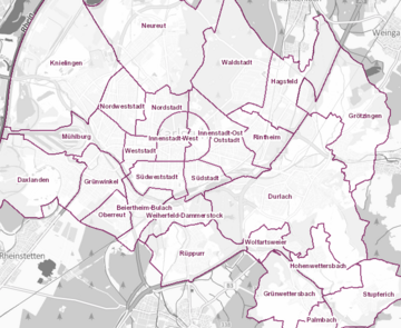 Stadtplanabbildung der Karlsruher Stadtteile.