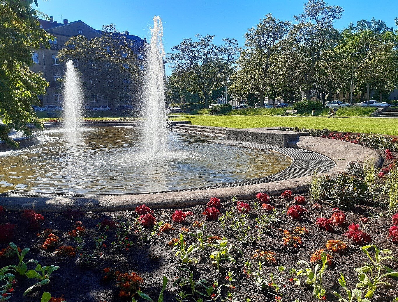 Das Bild zeigt zwei Fontänen im Brunnen auf dem Haydnplatz.