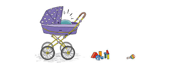 Kinderwagen mit schreiendem Baby, auf dem Boden liegen Bauklötze und eine Rassel
