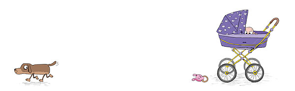 Ein Hund und ein Kinderwagen aus dem ein Baby herausschaut