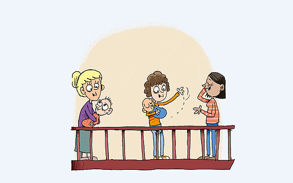 Illustration von drei Personen mit Babys auf dem Arm.