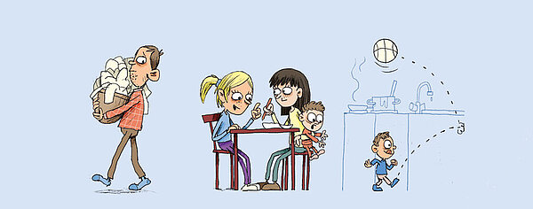 Illustration von zwei Frauen am Küchentisch, spielendem Kleinkind und Mann mit vollem Wäschekorb.