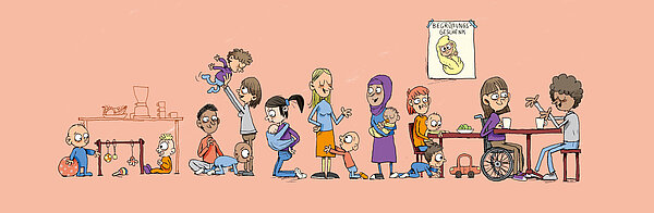 Illustration vom regen Treiben in einem Elterncafé.