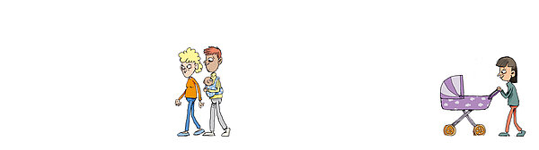 Eine Frau und ein Mann mit einem Baby im Tragetuch und eine Frau mit einem Kinderwagen gehen spazieren