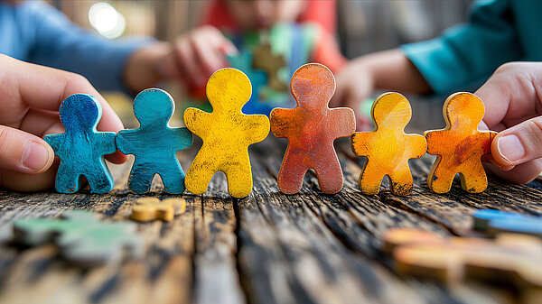 Familie aus bunt angemalten Holzfiguren, zwei Erwachsene und vier Kinder