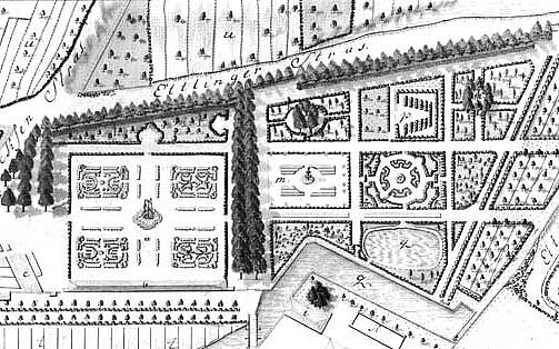 Das Bild zeigt einen Historischen Plan aus dem Jahr 1702 des Schlossgarten Durlach.
