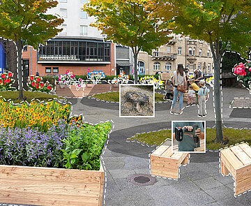 Collage Kirchplatz mit Bäumen, Hochbeeten, Hockern und Menschen in der Mitte