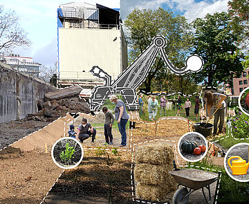 Fotocollage Hoepfner Areal, Abriss, Transformation, Garten mit Gärtnern