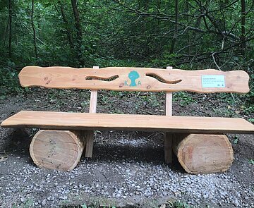 Das Bild zeigt eine Holzbank am Waldweg.