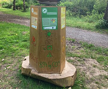 Das Bild zeigt ein Kunstwerk aus Holz mit dem Titel "Klimastamm".