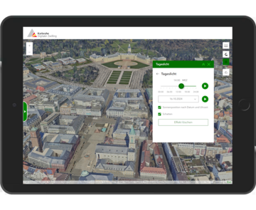 Abbildung der Benutzeroberfläche der Web App "Karlsruhe 3D"