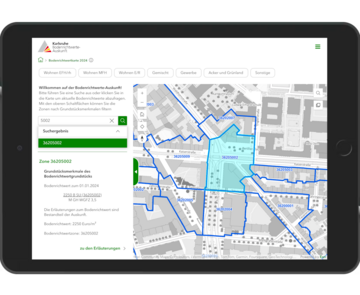 Abbildung der Benutzeroberfläche der Web App "Bodenrichtwerte-Auskunft Karlsruhe"