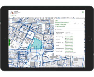 Abbildung der Benutzeroberfläche der Web App "Bebauungsplan-Auskunft Karlsruhe"