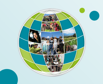 Grafik einer Weltkugel mit verschiedenen integrierten Bildern aus Projekten. 