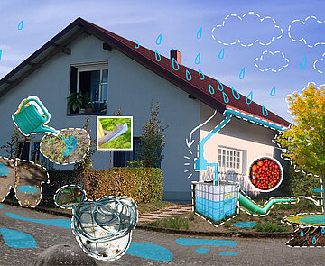 Collage aus Haus mit Garten. Wasserschaluch, Dachrinne, IBC Container, Plattenweg, Feldahorn, Sonneblumen, Wasserpfützen.