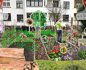 Collage Hinterhof mit Gartenbeeten, Pflanzen, Karton, Erde, Frau, Vorhang und Logenplätzen