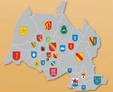 Abbildung Stadtgebiet mit Wappen.